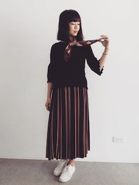 「DAWNのアイテム」を使った、Joy Tsaiさん（レディース・166cm）の秋コーディネート