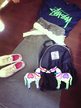 「Stussy Women（ステューシーウィメン）のTシャツ（Tシャツ/カットソー、ブルー系）」を使った、hareeekoさん（レディース・155cm）の春コーディネート