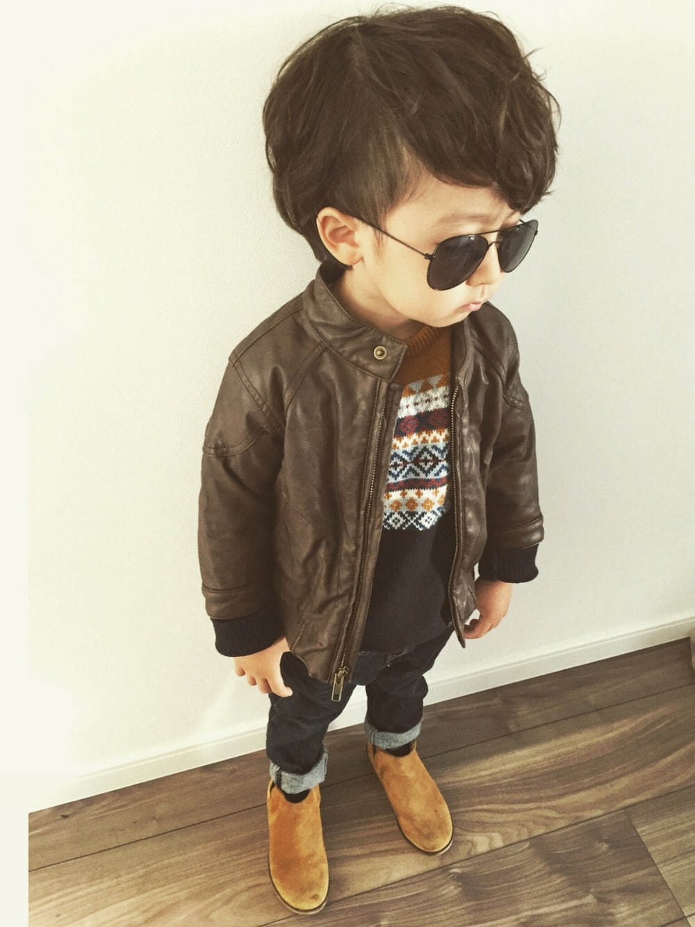 「3歳、キッズコーデ、男の子、キッズファッション、男の子コーデ、kids、ZARA、ZARA KIDS、H&M、ドラフトGAP」｜「ZARAのアイテム（ニット/セーター、オレンジ系）」を使った、umh.さん（キッズ・100cm）の秋コーディネートの1枚目の写真