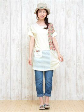 「アイテム（チュニック、ベージュ系）」を使った、こがっちさん（レディース・163cm）の夏コーディネート