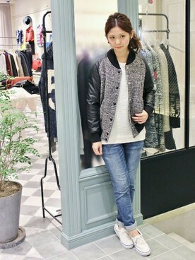 「SLOBE IENA（スローブイエナ）のアイテム（スタジャン）」を使った、tsugumiさん（レディース・160cm）の秋コーディネート