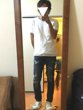 「CONVERSE（コンバース）のCONVERSE コンバース ONE STAR(A) 32340280 OX *WHITE/BLACK （スニーカー）」を使った、らしーさん（メンズ・170cm）の夏コーディネート