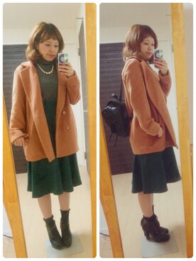 「モスグリーン」｜「アイテム（チェスターコート）」を使った、777さん（レディース・157cm）の秋コーディネート