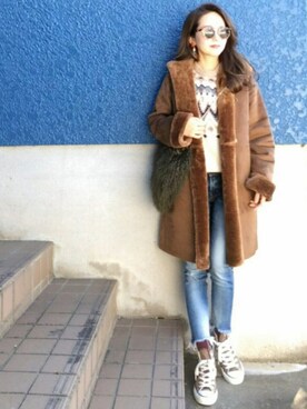「Ungrid（アングリッド）のフレイドヘムストスリ（デニムパンツ）」を使った、shino◡̈*❤︎さん（レディース・154cm）の冬コーディネート
