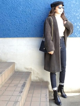 「マリンキャップ」｜「アイテム（ノーカラージャケット）」を使った、shino◡̈*❤︎さん（レディース・154cm）の冬コーディネート