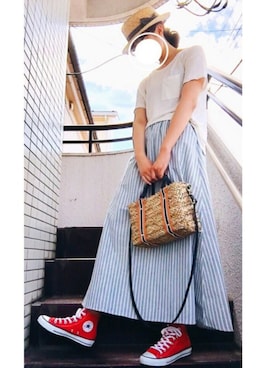 「niko and...（ニコアンド）のオリジナル ミニラインテープカゴバッグ【niko and...】（かごバッグ）」を使った、かのさん（レディース・165cm）の夏コーディネート