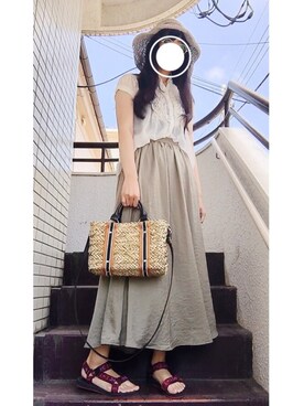 「niko and...（ニコアンド）のオリジナル ミニラインテープカゴバッグ【niko and...】（かごバッグ）」を使った、かのさん（レディース・165cm）の夏コーディネート