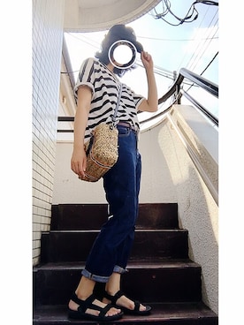 「niko and...（ニコアンド）のオリジナル ミニラインテープカゴバッグ【niko and...】（かごバッグ）」を使った、かのさん（レディース・165cm）の夏コーディネート