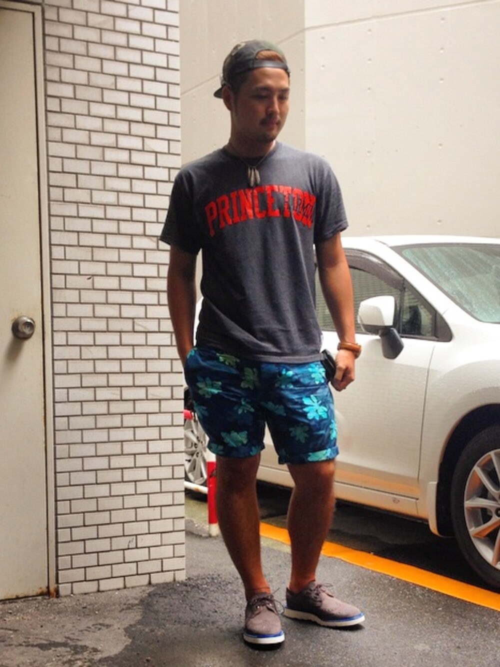 「Mark McNairy、Champion、brixton、adsr」｜「MARK MCNAIRYのアイテム（その他パンツ、ブルー系）」を使った、daisonさん（メンズ・176cm）の夏コーディネートの1枚目の写真