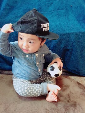 「BeBe（ベベ）のアイテム（キャップ）」を使った、ゆんたさん（キッズ・80cm）の冬コーディネート