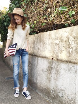 「Ungrid（アングリッド）のフレイドヘムストスリ（デニムパンツ）」を使った、ukapiさん（レディース・158cm）の秋コーディネート