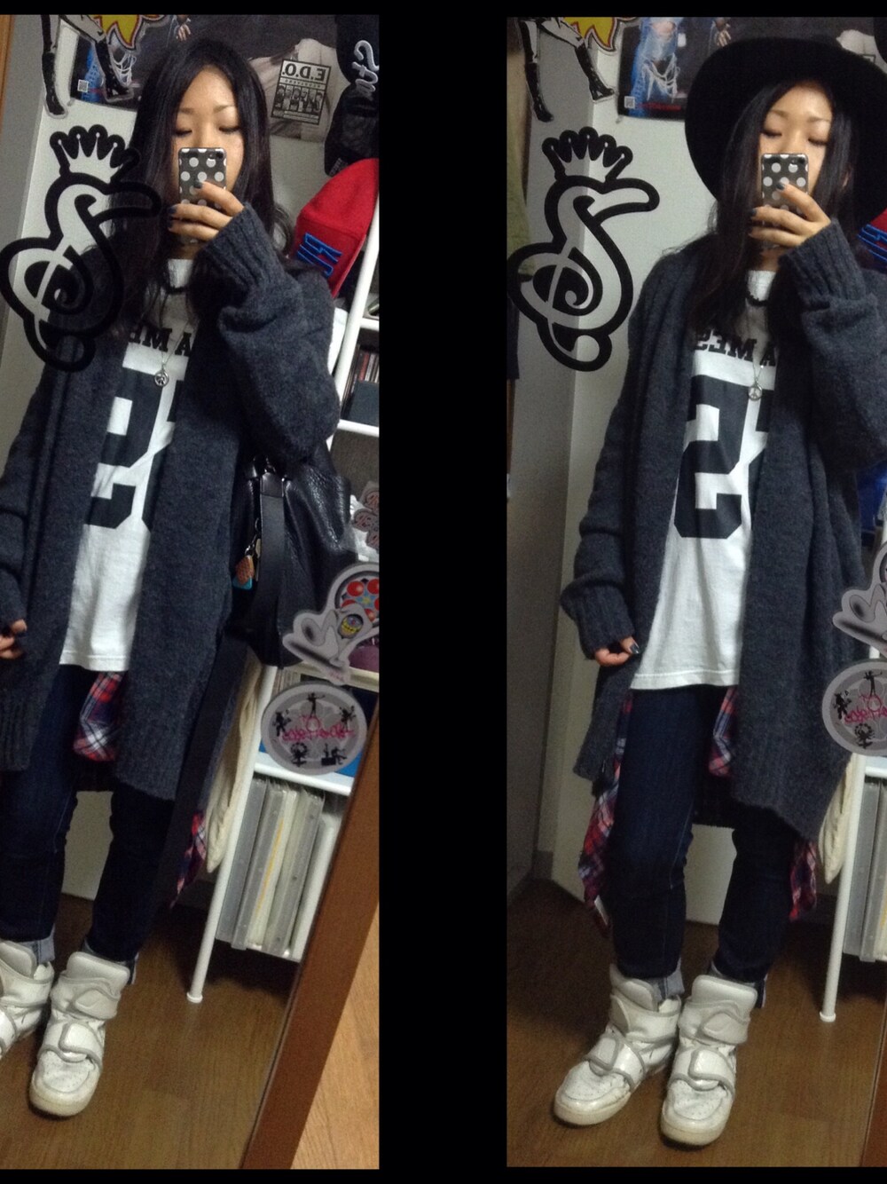 「hat、黒髪、street、ゆるニット、鏡撮り、ジェンダーレス」｜「GREENWICH AVENUEのアイテム（ニット/セーター、グレー系）」を使った、さつき＝さちこさん（レディース・159cm）の秋コーディネートの1枚目の写真