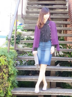 「パープル×黒」｜「アイテム（カーディガン/ボレロ）」を使った、Lunettaさん（レディース・155cm）の秋コーディネート
