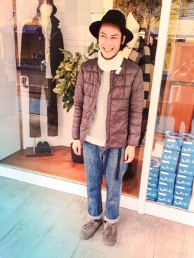 「CIAOPANIC（チャオパニック）のインナーダウンノーカラー（ダウンジャケット/コート、ブルー系）」を使った、MASAKI IZUMIDAさん（メンズ・175cm）の冬コーディネート