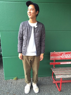 「CIAOPANIC（チャオパニック）の【Ciaopanic】　裏目使いスウェットC/N（Tシャツ/カットソー、ベージュ系）」を使った、MASAKI IZUMIDAさん（メンズ・175cm）の秋コーディネート
