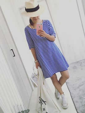 「H&M（エイチ・アンド・エム）のアイテム（帽子、ホワイト系）」を使った、musainaeriさん（レディース・153cm）の夏コーディネート
