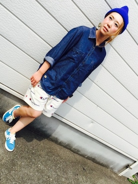 「BLUE BLUE（ブルーブルー）のアイテム（ニットキャップ/ビーニー）」を使った、chikaさん（レディース・156cm）の夏コーディネート