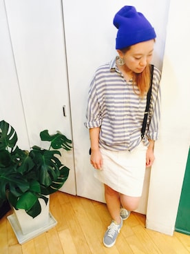 「BLUE BLUE（ブルーブルー）のアイテム（ニットキャップ/ビーニー）」を使った、chikaさん（レディース・156cm）の夏コーディネート