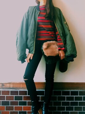「ファークラッチ」｜「アイテム（ブルゾン）」を使った、SaoRiさん（レディース・157cm）の秋コーディネート