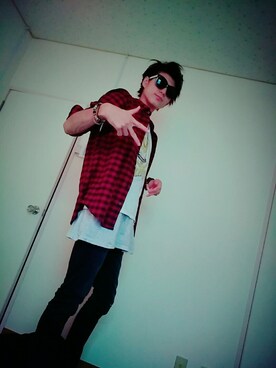 「GU（ジーユー）のアイテム（シャツ/ブラウス、レッド系）」を使った、ゆうさん（メンズ・178cm）の秋コーディネート