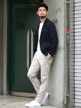 「Champion別注」｜「アイテム（スラックス）」を使った、TERAさん（メンズ・183cm）の春コーディネート