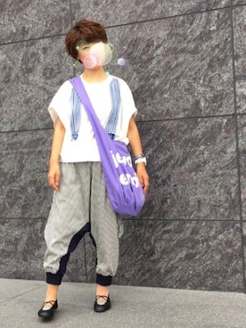 「ヒッコリーパンツ」｜「アイテム（雑貨/ホビー）」を使った、えるさん（レディース・156cm）の夏コーディネート