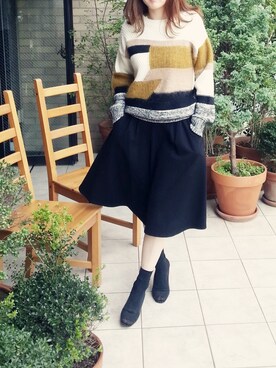「TELAのミックスカラープルオーバー（ニット/セーター、ホワイト系）」を使った、yokomoriさん（レディース・156cm）の秋コーディネート