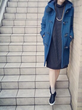 「LONDON TRADITION（ロンドントラディション）のダッフルロングコート（ダッフルコート、ブルー系）」を使った、yokomoriさん（レディース・156cm）の秋コーディネート