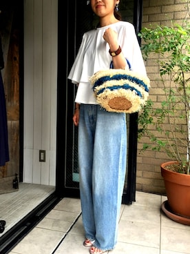 「L'ATELIER FENETRE（ラトリエ フネートル）の【Larone】ボーダーかごbag（財布/小物、レッド系）」を使った、yokomoriさん（レディース・156cm）の夏コーディネート