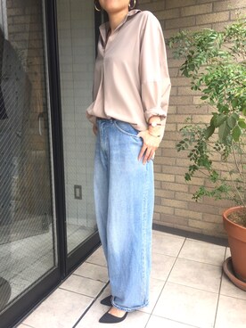 「L'ATELIER FENETRE（ラトリエ フネートル）の【dolly-sean】キュプラスキッパーシャツ（トップス、ベージュ系）」を使った、yokomoriさん（レディース・156cm）の秋コーディネート