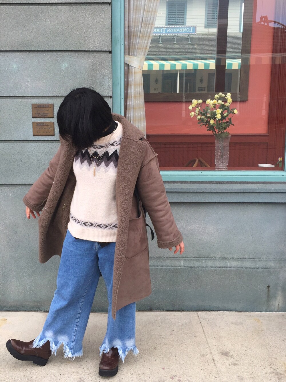 「JEANASISの7GノルディックプルオーバーLS/705716 （ニット/セーター、ホワイト系）」を使った、土子さん（レディース・155cm）の冬コーディネートの1枚目の写真