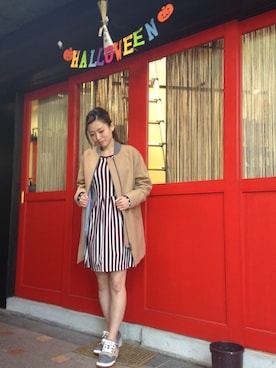 「ストライプワンピース」｜「アイテム（ブルゾン）」を使った、RIKAさん（レディース・161cm）の秋コーディネート