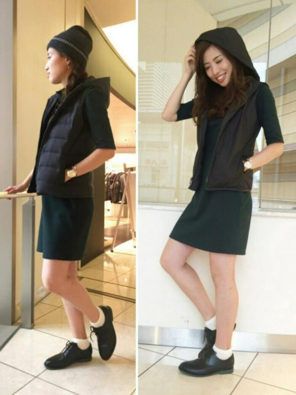 グリーン系のワンピース、ブルー系のダウンベスト、ブラック系のドレスシューズを着用したレディースの秋コーディネートの1枚目の写真