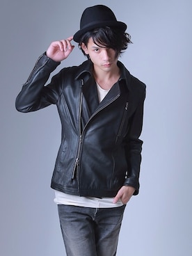 「SRIVER」｜「アイテム（ライダースジャケット）」を使った、藤木亮介さん（メンズ・174cm）の夏コーディネート