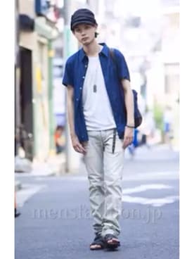 「SRIVER」｜「アイテム（キャップ）」を使った、藤木亮介さん（メンズ・174cm）の夏コーディネート