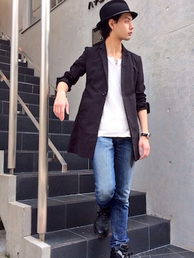 「SRIVER」｜「アイテム（チェスターコート）」を使った、藤木亮介さん（メンズ・174cm）の春コーディネート