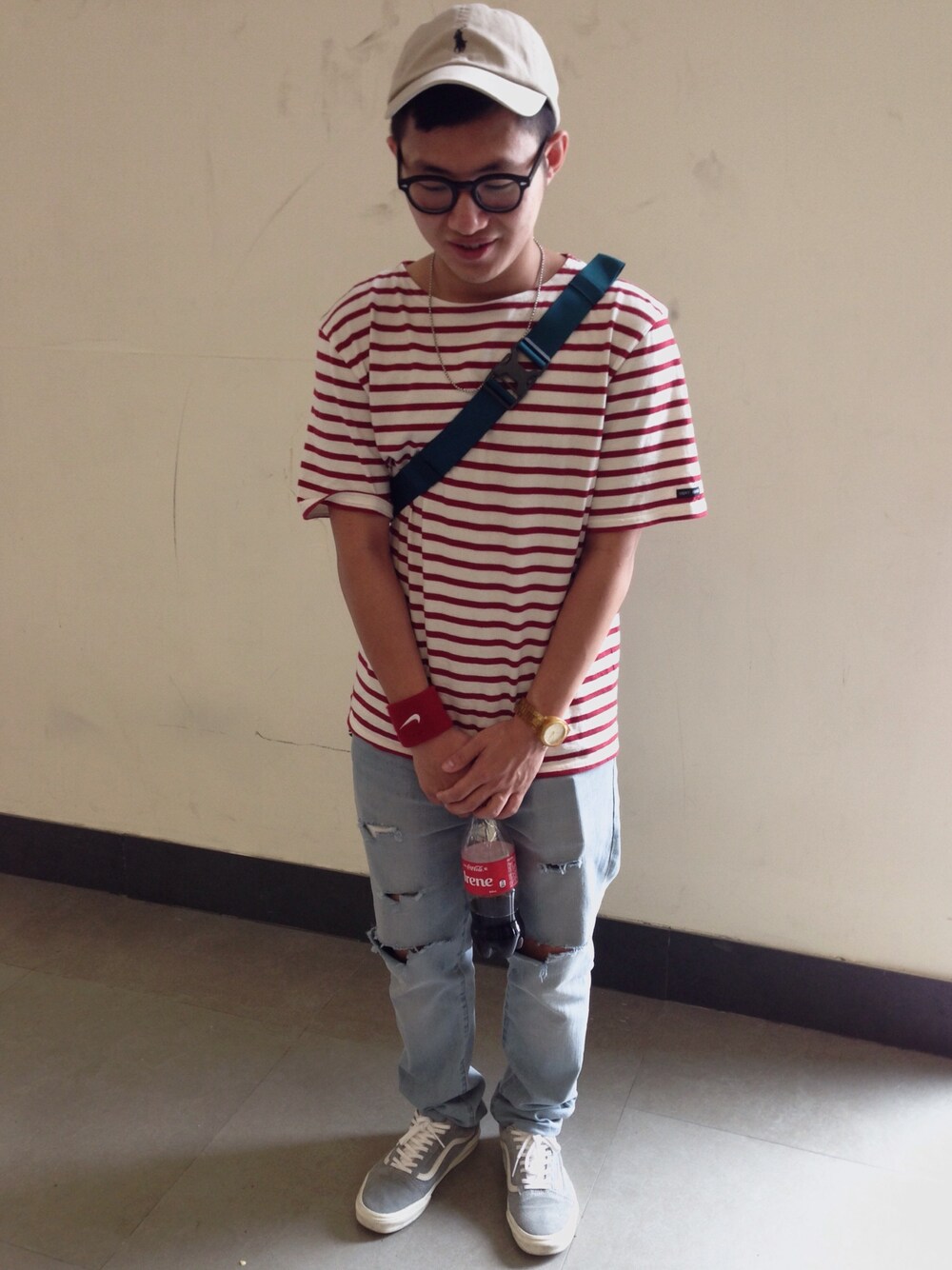 「street、streetfashion、Polo Ralph Lauren、saint james、UNIQLO、VANS、NIKE、THE NORTH FACE」｜「POLO RALPH LAURENのアイテム（サンバイザー、ベージュ系）」を使った、Rayさん（メンズ・163cm）の夏コーディネートの1枚目の写真