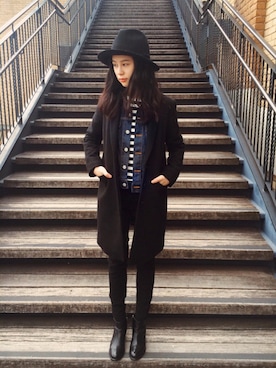 「ボーダーニット」｜「アイテム（ノーカラージャケット）」を使った、MiKuさん（レディース・158cm）の冬コーディネート