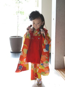 「アイテム（水着/着物・浴衣、レッド系）」を使った、jerryさん（キッズ・100cm）の冬コーディネート