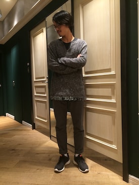 「RAGEBLUE（レイジブルー）の＜トレンドのロング丈＞ワッフルロングカットソー/733404（Tシャツ/カットソー）」を使った、石金弘也さん（メンズ・176cm）の秋コーディネート