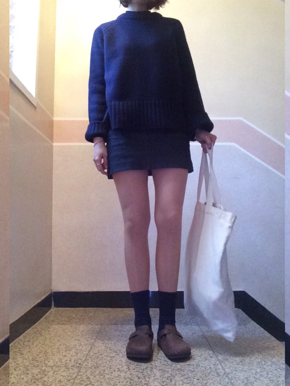 「daily look、dailylook、fashion、ootd、knit、skirt、denim、CRAS、birkenstock」｜「BIRKENSTOCKのアイテム（その他シューズ、ブラウン系）」を使った、sunnn__yさん（レディース・163cm）の秋コーディネートの1枚目の写真