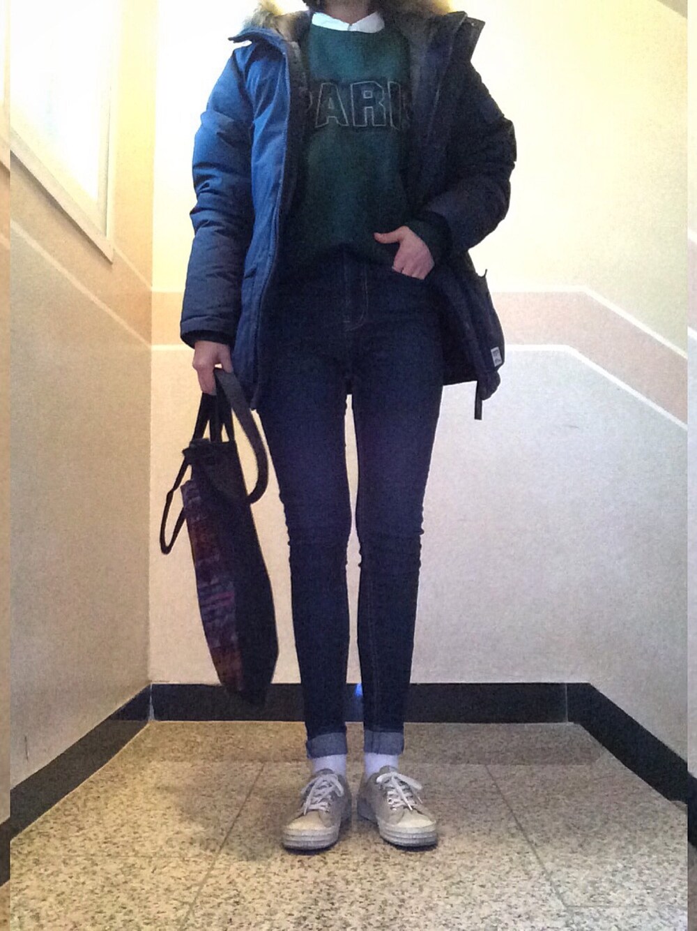 「daily look、dailylook、ootd、denim、COVERNAT、NOVESTA」｜「COVERNATのアイテム（その他アウター、ブルー系）」を使った、sunnn__yさん（レディース・163cm）の冬コーディネートの1枚目の写真