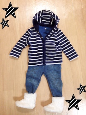 「アイテム（マウンテンパーカー、ブルー系）」を使った、dorami☺︎さん（キッズ・70cm）の冬コーディネート