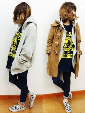 「インディゴデニム」｜「アイテム（ダッフルコート）」を使った、なーちんさん（レディース・154cm）の冬コーディネート