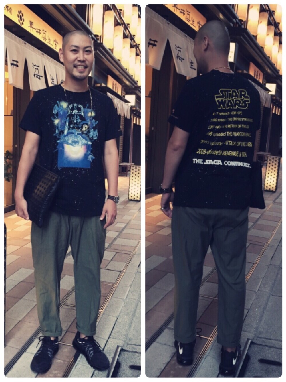 「黒、カーキ、summer、STAR WARS、スターウォーズ、airmax、スニーカー、エアマックス」｜「mandoのプリーツパンツ（その他パンツ、グリーン系）」を使った、jun oyaさん（メンズ・178cm）の夏コーディネートの1枚目の写真