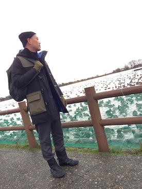 「ニットキャップ」｜「アイテム（ダッフルコート）」を使った、jun oyaさん（メンズ・178cm）の冬コーディネート