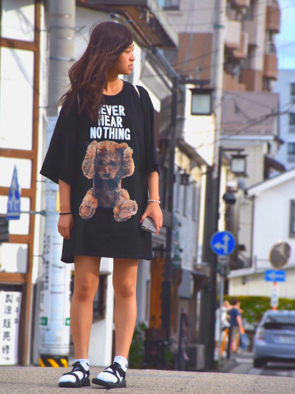 「chaco×靴下、chaco、MILKBOY、Tシャツワンピース、黒、夏コーデ、くまさん」｜「MILKBOYのNEVER HEAR BEAR Tシャツ（Tシャツ/カットソー、ブラック系）」を使った、にむぽにさん（レディース・157cm）の夏コーディネートの1枚目の写真