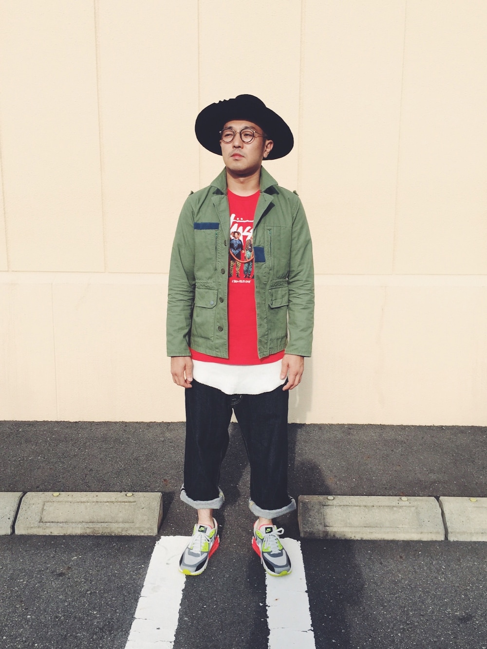 「UNUSED、5525gallery x KIJIMA TAKAYUKI、OLIVER PEOPLES、stussy、ganryu、BEAUTY&YOUTH UNITED ARROWS」｜「5525Gallery×KIJIMA TAKAYUKIのアイテム（ハット、ブラック系）」を使った、FUNAさん（メンズ・169cm）の秋コーディネートの1枚目の写真