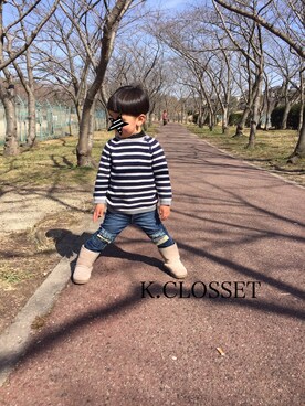 「MUJIのアイテム（ブーツ、ベージュ系）」を使った、k.CLOSETさん（キッズ・100cm）の春コーディネート