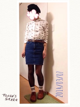 「総柄トップス」｜「アイテム（ハンチング/ベレー帽）」を使った、mizootさん（レディース・157cm）の春コーディネート